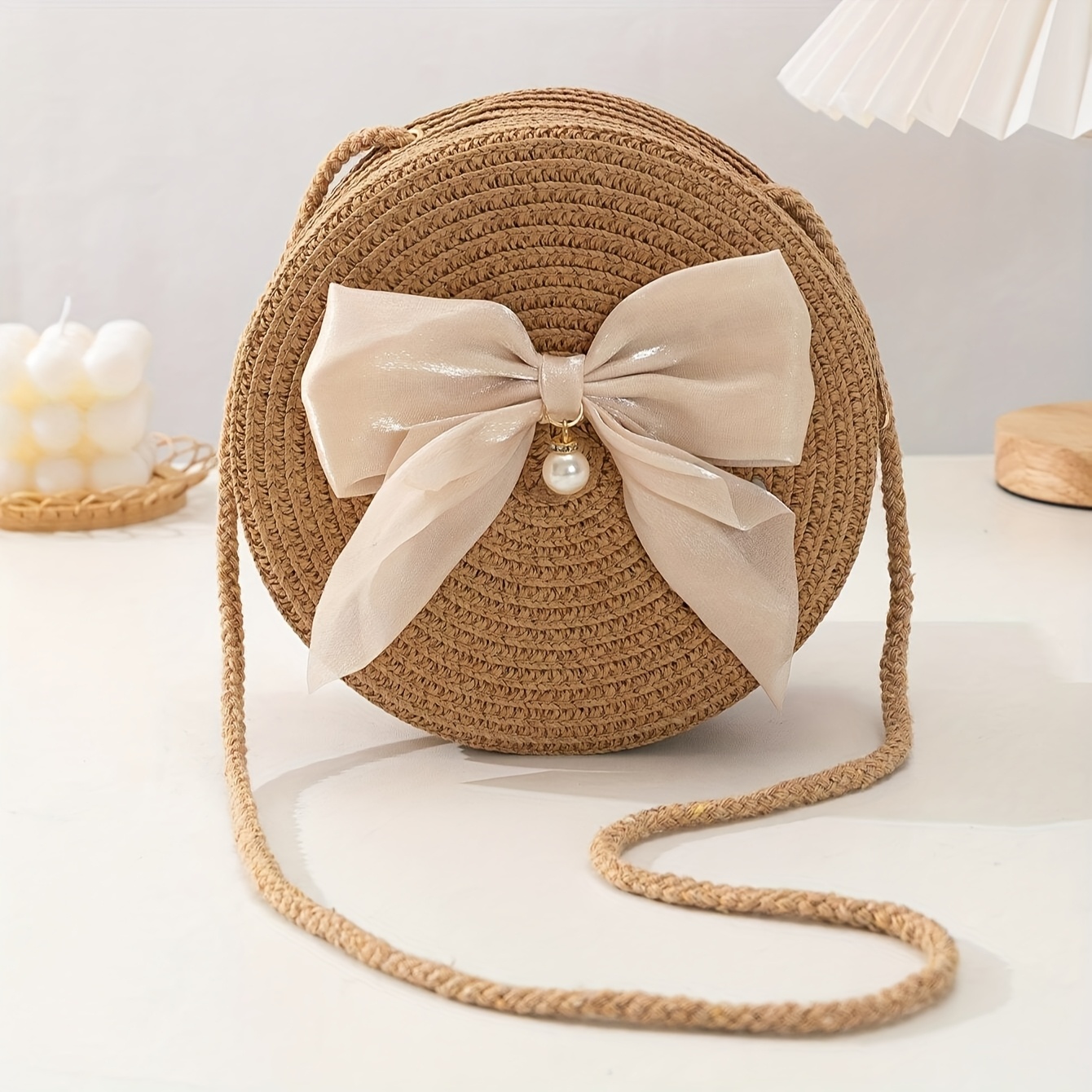 Interior Design Elegant - Zarif Yuvarlak Hasır Crossbody Çanta Fiyonklu
